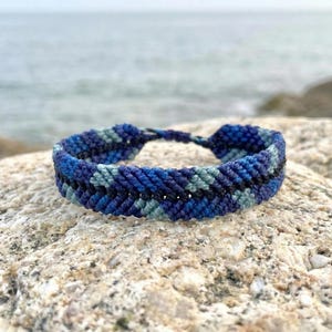 Blue Striped Macrame Bracelet • Ocean Waves Surf Jewelry • Waterproof Unisex Wristband • Navy & Light Blue • Summer Gift