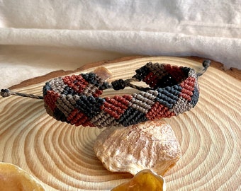 Handgemaakte unisex brede macrame armband, Bojo zwart-grijze tinten draadarmband, surfer verstelbare unisex sieraden