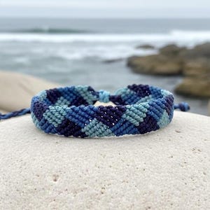 Wide Blue Macrame Bracelet, Adjustable Woven Boho Cuff