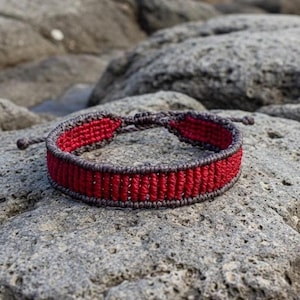 Red and Gray Macrame Bracelet, Handmade Wide Adjustable Thread Cuff, Unisex Woven Cord Jewelry Gift, Boho Surfer Style Thread Wristband