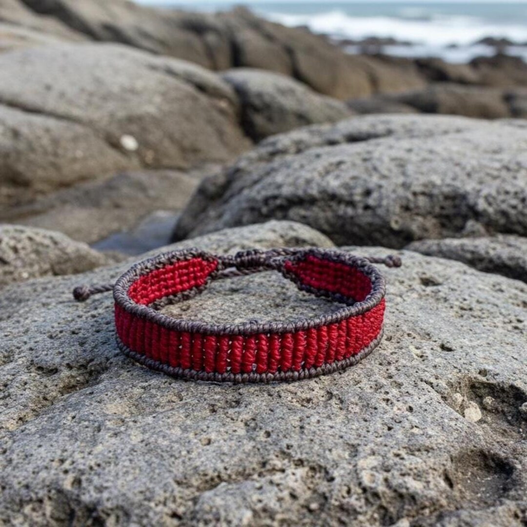 Red and Gray Macrame Bracelet, Handmade Wide Adjustable Thread