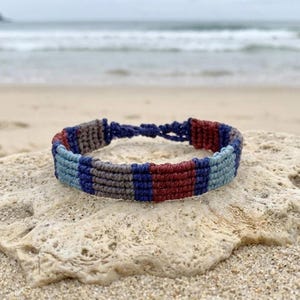 Striped Macrame Bracelet Blue Red Gray • Nautical Surf Jewelry • Waterproof Woven Wristband • Unisex Sporty Gift • Adjustable Band