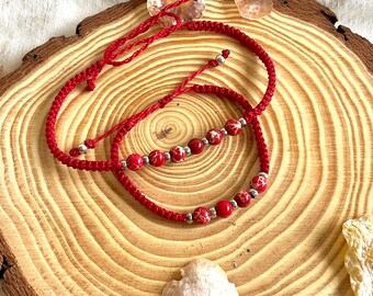 Red macrame bracelet and anklet set, woman beaded anklet and bracelet, handmade waxed thread anklet and bracelet, bohemian macrame jewelry