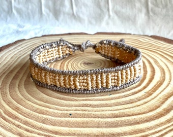 Handmade Beige Unisex Macrame  Bracelet with Grey Border and Intricate Thread Work, Surfer Macrame Jewelry