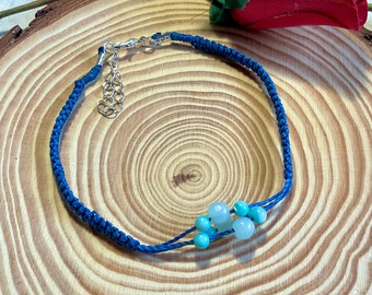 Boho beaded blue macrame anklet, waterproof thread anklet with beads, blue waxed thread anklet, tribal ankle bracelet jewelry for woman