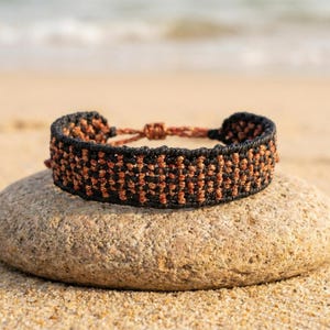 Wide Unisex Macrame Bracelet: Black & Copper Woven Cuff, Boho Friendship Jewelry, Bright Thread Wristband