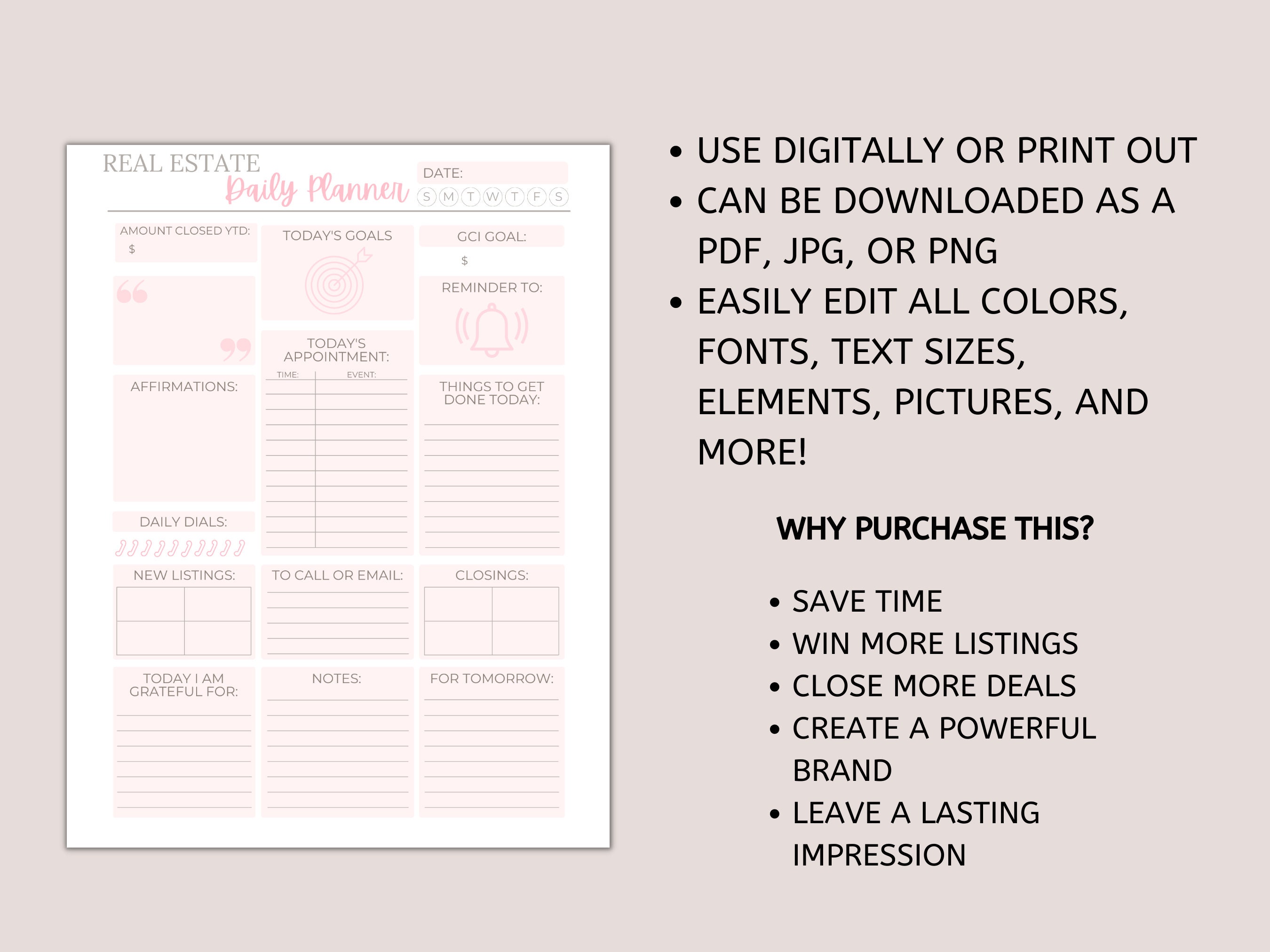 Daily Planner For Real Estate Agents Goal Setting Planner For Realtors