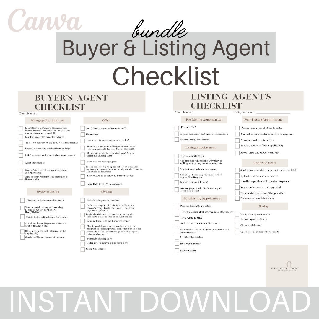 Buyer's Agent Listing Agent Real Estate Checklist Instant Download Buyer's Agent Listing Agent Real Estate Checklist Instant Download