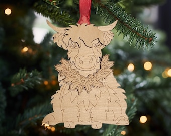 Highland Cow Ornament file, Laser Ready, Scottish Cow, Farmhouse Decor Farm Animals, Christmas Cow Gift, Personalized Cow Ornament