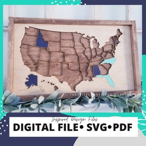 Glowforge Feile | US Karte | Laser SVG-Datei | PDF | Reisekarte | Abenteuer Karte | Digitaler Download | Glowforge Ready