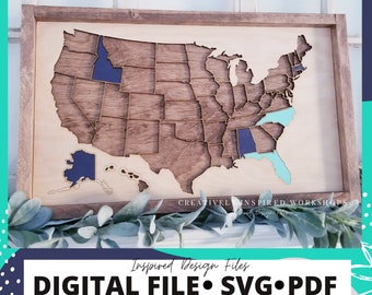 Adventure Map | United States Travel Map | US Map | Laser SVG File | PDF | Travel Tracker | Digital Download | Glowforge Ready | Puzzle