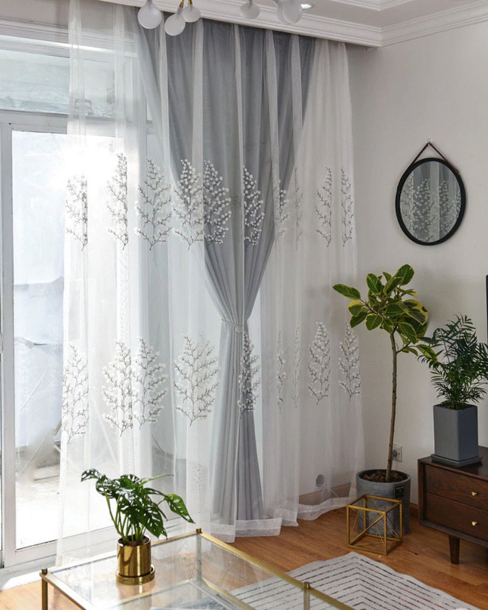 Grey White Curtains for Living Room Embroidered Luxurious | Etsy