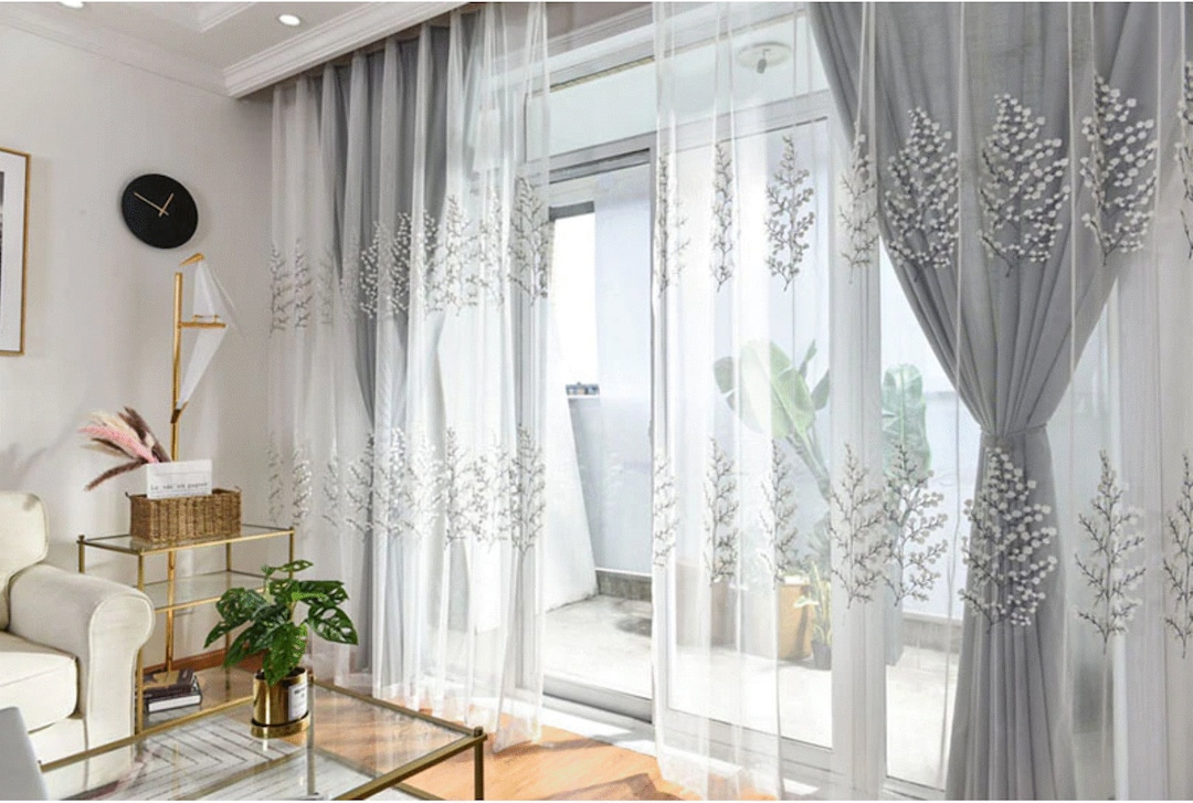 Grey White Curtains for Living Room Embroidered Luxurious - Etsy