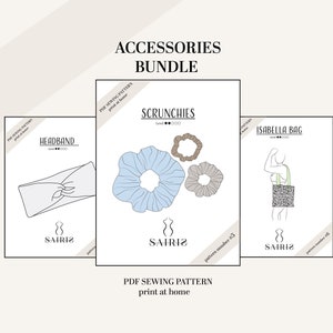 Peut inclure: Un ensemble d'accessoires avec des patrons de couture PDF pour un bandeau, des chouchous et un sac Isabella. Le patron des chouchous présente des chouchous bleus, marron et gris. Le texte indique "Accessories Bundle" et "PDF Sewing Pattern print at home."