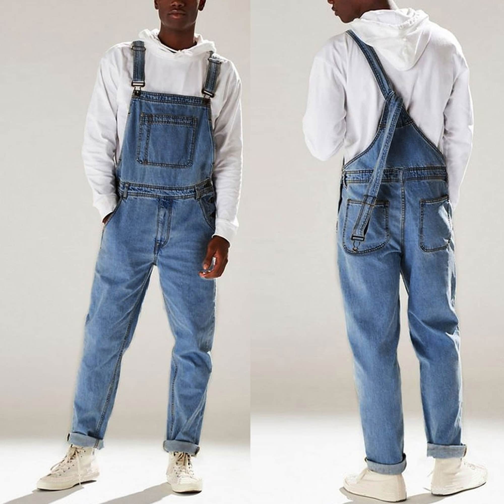New Men's Denim Bib Pants Washed Full Length Jeans | Etsy