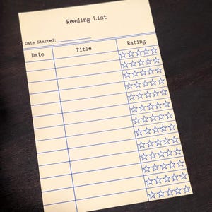 Liste de lecture, liste de lecture de club de lecture, feuille d'évaluation de livres, intercalaire rétro pour carte de bibliothèque, fiche de bibliothèque, fiche de bibliothèque