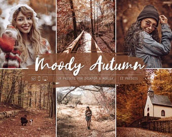 May include: A set of 12 Lightroom presets for desktop and mobile devices, called "Moody Autumn". The presets are designed to give photos a moody, autumnal feel. The image shows three different photos that have been edited with the presets. The first photo shows a woman wearing a red and white striped sweater and a white hat. The second photo shows a path through a forest with autumn leaves on the ground. The third photo shows a small white church with a brown roof.