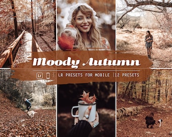 May include: A set of 12 Lightroom presets for mobile devices, designed to create a moody autumn aesthetic for photos. The presets are labeled "Moody Autumn" and include icons for Lightroom and mobile devices.