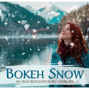 May include: A woman with red hair in a teal coat stands in a snowy landscape with mountains and a lake in the background. The image has the text "BOKEH SNOW" and "40 HIGH RESOLUTION JPG OVERLAYS" in teal.