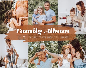 May include: A set of 12 Lightroom presets for mobile devices, designed to enhance family photos. The presets are called "Family Album" and are available for download. The image shows a variety of family photos, including a mother and daughter, a father and son, and a group of siblings.
