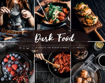 May include: A collection of 12 Lightroom presets for desktop and mobile devices, designed to create a dark and moody aesthetic for food photography. The presets are called "Dark Food".