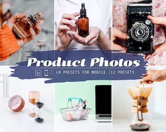 May include: A collection of product photos featuring a variety of items, including a perfume bottle, a bottle of essential oil, a vintage camera, a clock, an hourglass, a shopping basket with various items, a laptop, and a coffee maker. The photos are edited with a warm, vintage aesthetic.