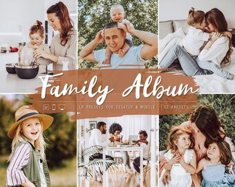 May include: A collage of photos featuring families in various settings. The photos are arranged in a grid pattern and have a warm, vintage aesthetic. The text "Family Album" is displayed in a large, handwritten font at the top of the collage. The text "LR Presets for Desktop & Mobile | 12 Presets" is displayed below the title.