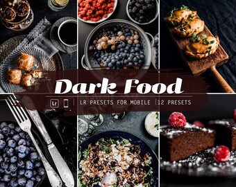May include: A collection of 12 mobile Lightroom presets for editing food photos. The presets are designed to create a dark and moody aesthetic. The image shows examples of the presets applied to various food photos, including fruit, pastries, and desserts.