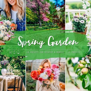 Könnte beinhalten: Eine Collage von Bildern mit Frühlingsgarten-Thema. Die Bilder zeigen einen Blumenstrauß, einen Gartenweg, eine Topfpflanze, eine Schale mit Erdbeeren und eine Frau, die einen Blumenstrauß hält. Der Text "Spring Garden" ist in weißer Schrift auf grünem Hintergrund geschrieben.