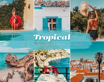 May include: A set of 10 Lightroom presets for mobile devices, designed to give photos a tropical feel. The presets are called "Tropical" and are shown on a blue and white background with images of beaches, pools, and cities.