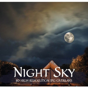 May include: A night sky with a full moon and clouds. The text "NIGHT SKY 80 HIGH RESOLUTION JPG OVERLAYS" is at the bottom of the image.