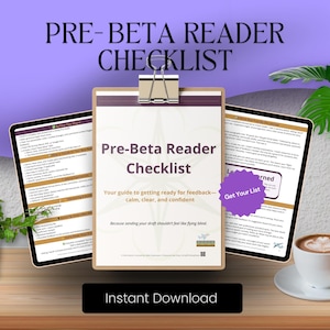 Puede incluir: Imagen de un producto digital, la "Lista de verificación previa a la lectura beta", con el texto "Tu guía para prepararte para la retroalimentación: tranquilo, claro y seguro." La imagen incluye dos tabletas, una carpeta, una taza de café y las palabras "Descarga instantánea".