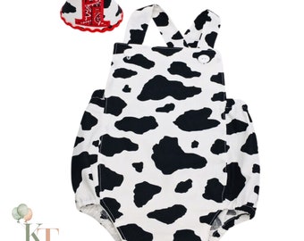 Cow Birthday Bubble Romper/Boys Cake Smash Outfit/Boy Sunsuit with Party Hat