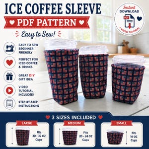 Molde em PDF para capa protetora de copo de café gelado | 3 tamanhos | Tutorial de costura | Capa para copo de café | Molde para capa de bebida | PDF (Download digital)