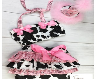 Girls Cow Birthday Outfit/Cake Smash Set,Cow Print and Pink Bandana Diaper Cover With Party Hat