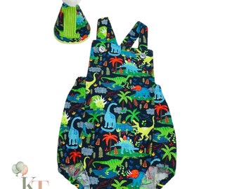 Dinosaur Birthday Bubble Romper/Boys Cake Smash Outfit with Hat/Boy Dino Sunsuit