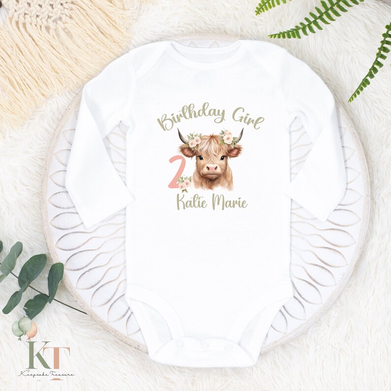 Highland Cow Birthday bodysuit or shirt,Girls First Birthday Shirt,Farm Birthday,Sublimated Birthday Shirt,First Birthday,Second Birthday 2