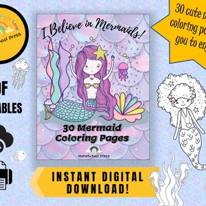 Printable Mermaid Coloring Pages, 30 Cute Mermaid Coloring Sheets for Girls, Kids&#39; Coloring Printables, PDF Coloring Pack