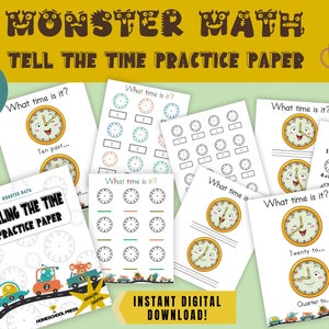 Printable Tell the Time Practice Paper for Kids, Analogue/Digital Clock Worksheet Pack, Monster Maths Back to School Digital Paper Pack