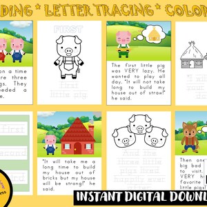 PAQUETE Los Tres Cerditos K-2: Libro de cuentos de rastreo de letras/Hojas de trabajo de actividades de escritura a mano/Tarjetas didácticas de vocabulario y fonética