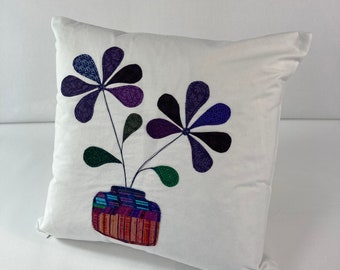 Imperfect Discounted | Upcycled from Remnant | Country Farmhouse Floral Pillow Cover | Appliqué | Embroidery | Purple Blue Orange