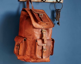 Handmade Genuine Leather Bag Shoulder Backpack Brown for Men Women Satchel Rucksack