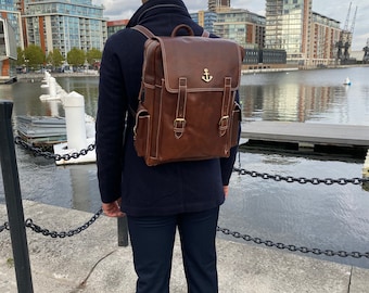 Backpack Rucksack Genuine Leather, Unisex Handmade Bag, Brown Leather, Macbook Holder, Leather Laptop Bag, Office bag, Uni Bag, student Bag