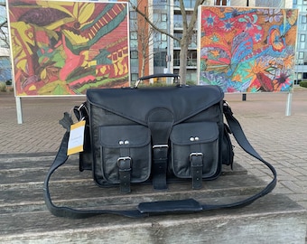 Bolso unisex estilo vintage negro, bolso portátil mensajero de cuero genuino, bolso satchel, bolso de oficina, bolso escolar, hecho a mano