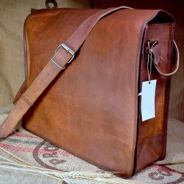 Vintage Goat Leather messenger Real satchel genuine Laptop bag brown briefcase