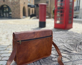 Dark Brown Leather Laptop Messenger Bag — The Handmade Store