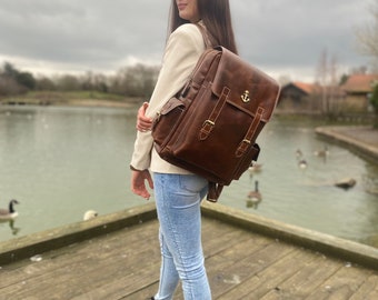 Uni college Rucksack Bag, student backpack Bag, Genuine Leather, Unisex Handmade Bag, Brown Leather, Laptop books Holder, Leather Laptop Bag