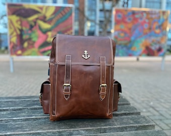 Brown Leather City Backpack, Unisex Backpack, Light Tan Leather, Macbook Holder, Leather Laptop Bag, Rucksack Genuine Leather Handmade