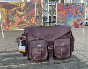 Genuine Leather Messenger Laptop Bag, Satchel bag, office bag, school bag, vintage style unisex bag dark brown London Based Handmade