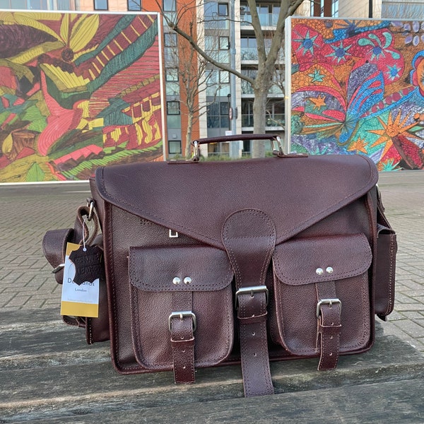 Genuine Leather Messenger Laptop Bag, Satchel bag, office bag, school bag, vintage style unisex bag dark brown London Based Handmade